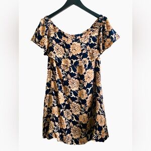 Jodifl Off Shoulder Dress Medium Mini Short Floral Navy Blue Beige Ruffled